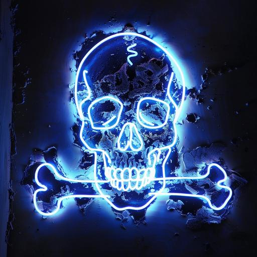 a fluoresent sign of a cartoon skull and crossbones --style raw