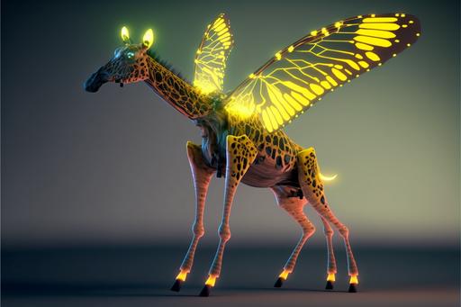 a flying giraffe with bioluminescent butterfly wings laterally along its dorsal surface --ar 3:2 --s 111 --c 88