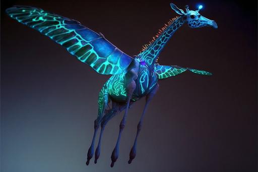a flying giraffe with bioluminescent butterfly wings laterally along its dorsal surface --ar 3:2 --s 111 --c 88