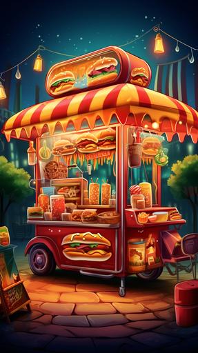 a food cart selling items like hot dogs or hamburgers, cartoon style, --aspect 9:16