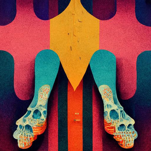 a foot skeleton in front of a background filled with abstract wes anderson coloured  psychedelic patterns