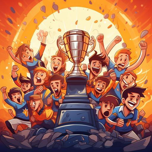a football team enjoys with trophy in colorful cartoon theme