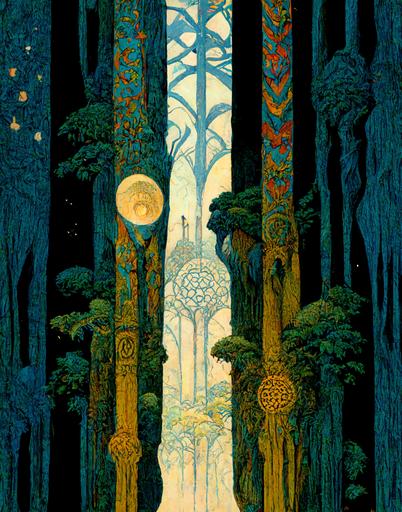 a forest glen, stars, trees, mountains, castles, filigree, crystals, dragonflies, acanthus, Moon phases, astrology, celestial symbols, esoteric symbols, alchemy, mystical, magic moon, sacred geometry, celestial charts, in bright colours in the style of Walter crane   Ivan bilibin   Jim Fitzpatrick   roger dean --chaos 100 --ar 3:4 --quality 2