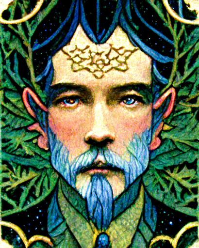 a forest glen, stars, trees, mountains, castles, filigree, crystals, dragonflies, acanthus, Moon phases, astrology, celestial symbols, esoteric symbols, alchemy, mystical, magic moon, sacred geometry, celestial charts, in bright colours in the style of Walter crane   Ivan bilibin   Jim Fitzpatrick   roger dean --chaos 100 --ar 3:4 --quality 2