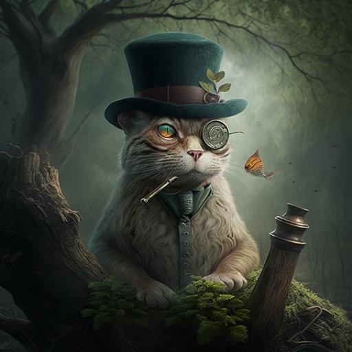 a four-eyed cat in a hat is sitting in a tree smoking a pipe