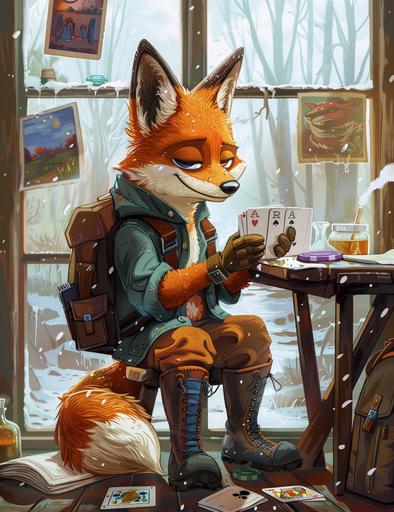 a fox dressed with rainboots and carrying a school backpack sits at a table while playing cards and sipping a chamomile tea. cartoon style --ar 17:22