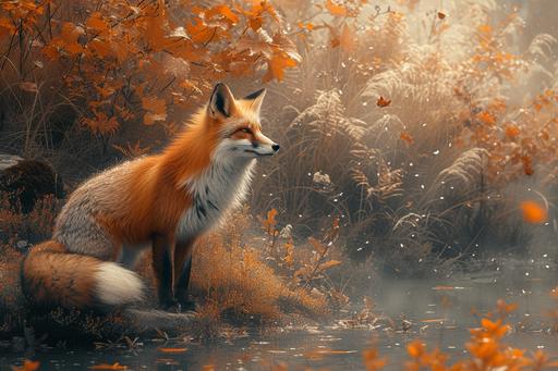 a fox walking in a magic forest in the style of Victoria Fomina --ar 3:2 --s 750 --v 6.0
