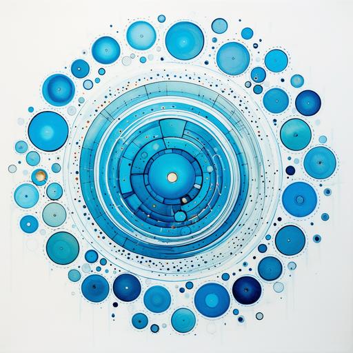a framed print of a blue circle with dots, in the style of intricately mapped worlds, reimagined religious art, childs drawing, aerial view, global imagery, recycled, orderly symmetry