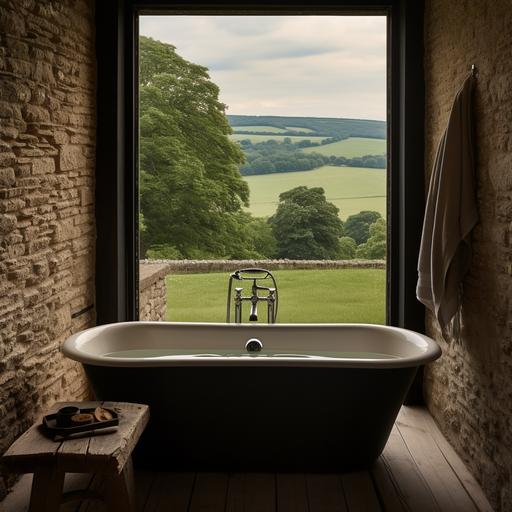 a freestanding dark colored bathtub in a renovated 1800s English farmhouse with limestone walls. view is only of the bathtube with the large window behind it. view out of the window is rolling green hills of the English countryside