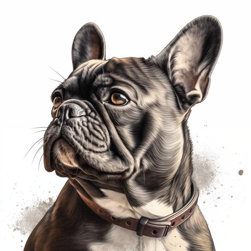 a french bulldog portrait cartoon with a black leather dog collar looking lovingly into the distance at its owner on white background ultra high quality --v 5.0 --s 750