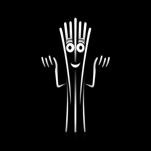 a french fries fork with a face like a funny mouse, the fork has arms and legs, the face has a long nose, show the figure form the left side, its drawn as vectorstyle, its like a svg-graphic, on a black board, use black and white, no shades --q 0.5 --s 250