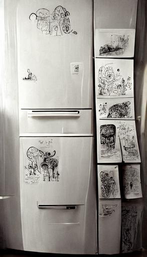 a fridge covered in drawings drawn by a 5 year old --ar 9:16