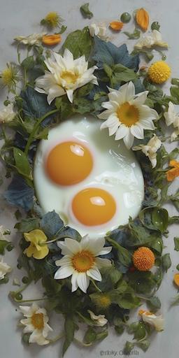 a fried eggs with an eye iris instead of a yolk , very realistic, flower garland --ar 1:2 --q 2 --s 250