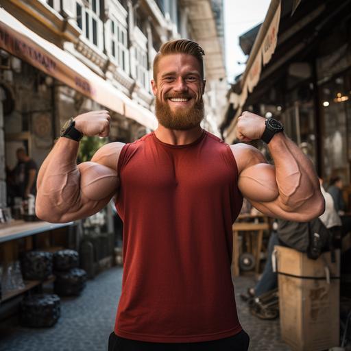 a friend with massive muscles flexing his huge bicep with a smile, sony alpha, raw photography