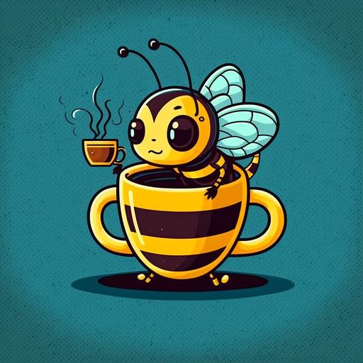 a friendly cartoon bee drinking a cup of coffee in vector logo style