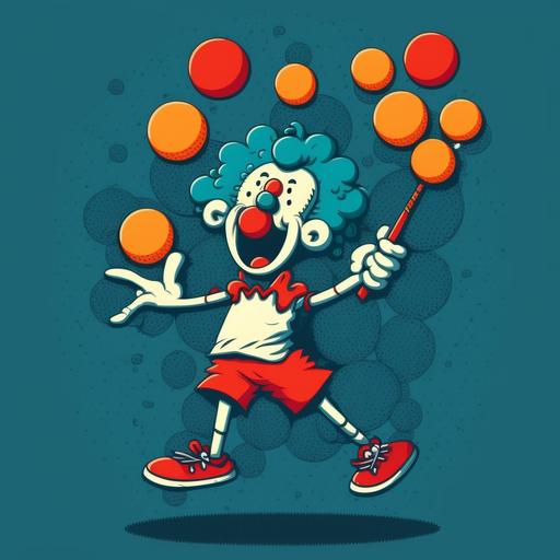 a friendly cartoon clown juggling tennis balls in a cartoon style