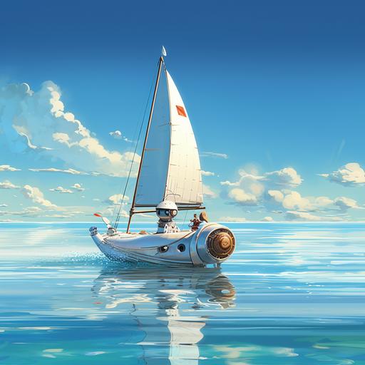 a friendly looking robot steering a sail boat on a beautiful sunny day, in calm crystal blue waters
