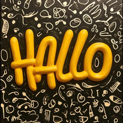a friendly rounded warmyellow 3-d logo of the word ‘HALLO’ in the middle of an otherwise black field with white lines. The lines are a sort of pattern like Keith haring lines but depicting food icons --v 6.0