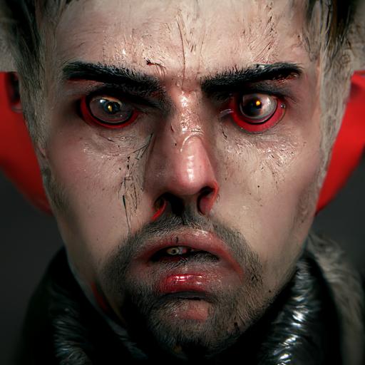 a frightened 23 year old man looking into the camera   hyperrealistic, intricate stunning texture and details, unreal engine 5, detailed, realistic eyes   3D realistic, sculpted by Alex Alice, Craig Mullins   blonde-tipped black mohawk, red eyes, vampire, strong jawline, short facial hair, vampire fangs, black trench coat, high collar red shirt, hanging cross earring, cross necklace, tattoos on right arm   standing in the underworld, dark, fire in background, red accents, dark souls style, dreary undertone, dark atmosphere   8k, widescreen   Dramatic lighting