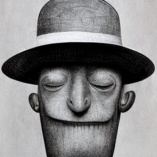 a front face man with no eyes no nose and no mouth, wearin a hat, wearing smoki,g suite --s 1250