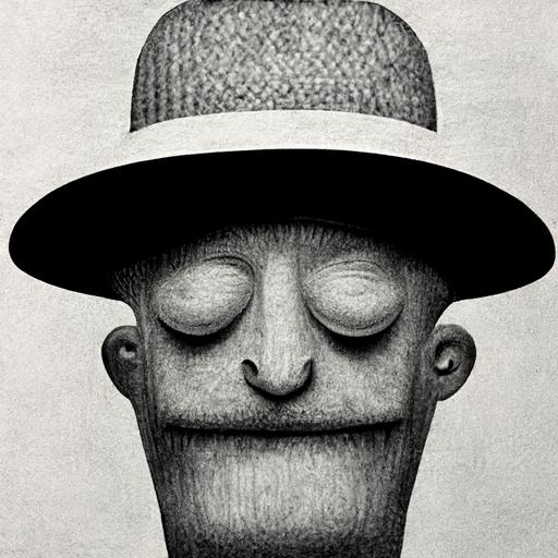 a front face man with no eyes no nose and no mouth, wearin a hat, wearing smoki,g suite --s 1250