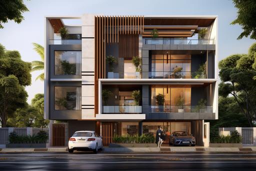 a front facing exterior elevation and facade of a tall and narrow FOUR STORED MODERN RESIDENTIAL HOUSE WITH WRAP AROUND BALCONIES ON EACH FLOOR ALL AROUND THE BUILDING. THE BUILDING IS built on a 10000 square FOOT plot OF LAND with width of 42 feet and a full 10 foot high stilt CAR parking on the ground floor and above that FOUR SEPARATE AND INDIVIDUAL FLOORS. THE ENTIRE FRONT WIDTH OF THE BUILDING COMPRISES OF DRAWING AND DINING ROOM WITH A WIDE FRONT BALCONY. The elevation design should BE CREATIVE, FULL OF DIFFERENT ELEMENTS AND BE OF AWARD WINNING QUALITY. The elevation design should have large floor to ceiling windows opening into the balconies, a drawing room and a bedroom on the front side. Each floor would be of the same size and have the same size wrap around balconies surrounding it. The elevation should include A SEPARATE CAR ENTRY GATE FOR EACH FLOOR. Two gates should cover the two drive ways on the left and right and the other two gates should cover the front. THERE SHOULD BE A TERRACE GARDEN ON THE THIRD FLOOR ROOF. Photoshop, modern architecture --ar 150:100 --v 5.2