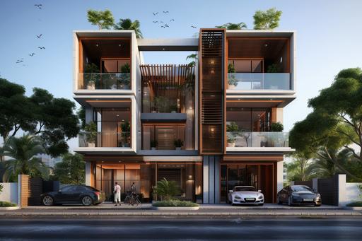 a front facing exterior elevation and facade of a tall and narrow FOUR STORED MODERN RESIDENTIAL HOUSE WITH WRAP AROUND BALCONIES ON EACH FLOOR ALL AROUND THE BUILDING. THE BUILDING IS built on a 10000 square FOOT plot OF LAND with width of 42 feet and a full 10 foot high stilt CAR parking on the ground floor and above that FOUR SEPARATE AND INDIVIDUAL FLOORS. THE ENTIRE FRONT WIDTH OF THE BUILDING COMPRISES OF DRAWING AND DINING ROOM WITH A WIDE FRONT BALCONY. The elevation design should BE CREATIVE, FULL OF DIFFERENT ELEMENTS AND BE OF AWARD WINNING QUALITY. The elevation design should have large floor to ceiling windows opening into the balconies, a drawing room and a bedroom on the front side. Each floor would be of the same size and have the same size wrap around balconies surrounding it. The elevation should include A SEPARATE CAR ENTRY GATE FOR EACH FLOOR. Two gates should cover the two drive ways on the left and right and the other two gates should cover the front. THERE SHOULD BE A TERRACE GARDEN ON THE THIRD FLOOR ROOF. Photoshop, modern architecture --ar 150:100 --v 5.2