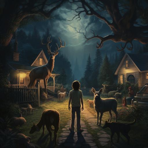 a front yard of a home. It's dark. There's a cavachon dog, his owner, a tall teen with long hair past his shoulders. He holds the dog via leash. There are five scary looking deer just staring at them.