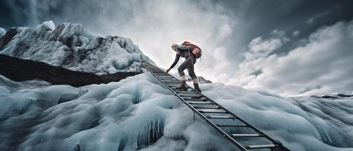 a frontal picture of a professional climber walking on a metallic ladder floating on the iced rocks, ultra detailed, sports photography --ar 21:9 --v 5