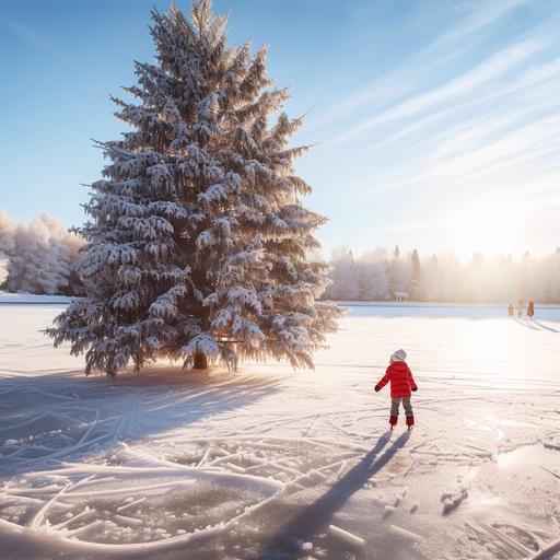 a frozen lake with snow plowed around the sides. kids ice skating a christmas tree on the side decorated with pine cones. Someone holding a mistle toe