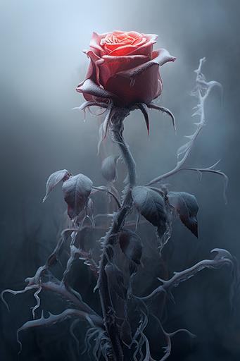 a frozen red rose, its branches look like a ballet gesture, magical and ethereal atmosphere, hyper realistic, dark red, ballet, surrealism, --ar 2:3