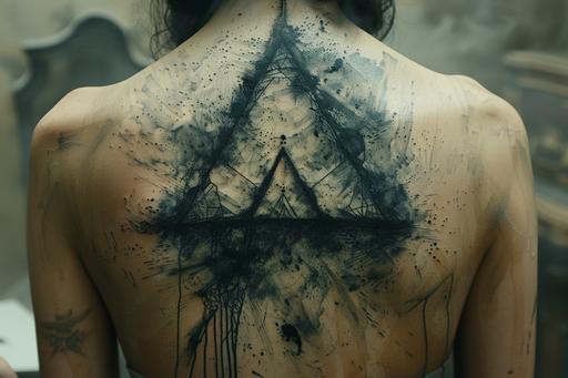 a full back tattoo showing a hand ink and paper, a hand drawing giant crystal cave triangles, motion blur, ink stains --ar 3:2 --c 8 --s 750 --v 6.0 --style raw