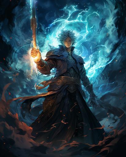 a full body dark battle mage, holding a staff of lightning, casting a lightning vortex, in the style of kawacy, futuristic fragmentation, intricate costumes, erol otus, ue5, dragon art, detailed facial features --ar 51:64 --s 750