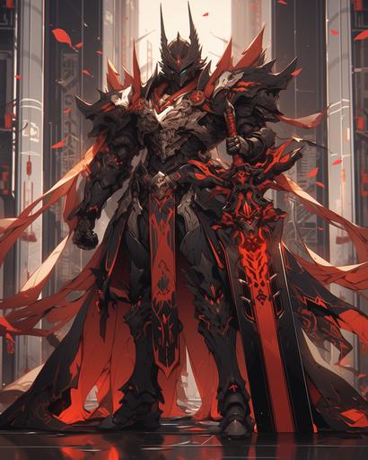 a full body dark knight holding red duel swords, in the style of kawacy, futuristic fragmentation, intricate costumes, erol otus, ue5, dragon art, detailed facial features --ar 51:64 --s 750 --niji 5