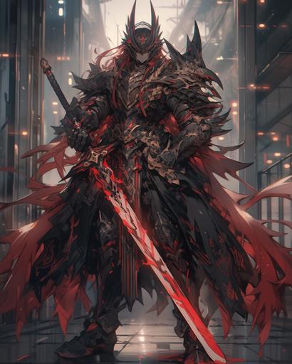 a full body dark knight holding red duel swords, in the style of kawacy, futuristic fragmentation, intricate costumes, erol otus, ue5, dragon art, detailed facial features --ar 51:64 --s 750 --niji 5