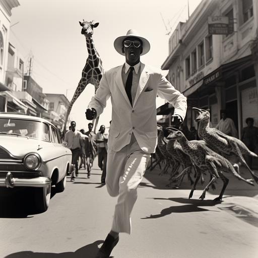 a full body dutch angle black and white photo of a terrified Denzel Washington in a white cuban shirt, panama hat, military wristwatch and dark sunglasses being chased toward the viewer by angry giraffe crabs on a city street in 1974