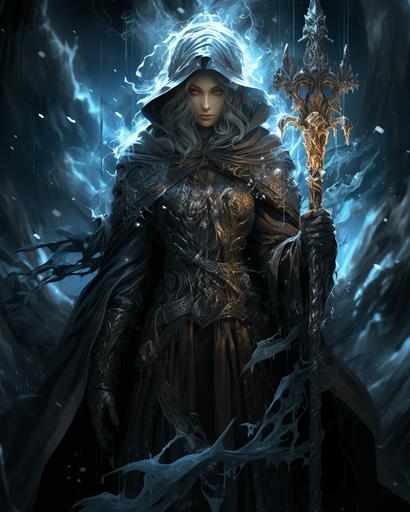 a full body hooded dark battle mage, holding a staff of ice , casting a snow blizzard in the style of kawacy, futuristic fragmentation, intricate costumes, erol otus, ue5, detailed facial features --ar 51:64 --s 750