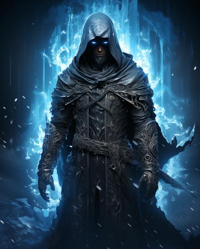 a full body hooded dark battle mage, holding a staff of ice , casting a snow blizzard in the style of kawacy, futuristic fragmentation, intricate costumes, erol otus, ue5, detailed facial features --ar 51:64 --s 750