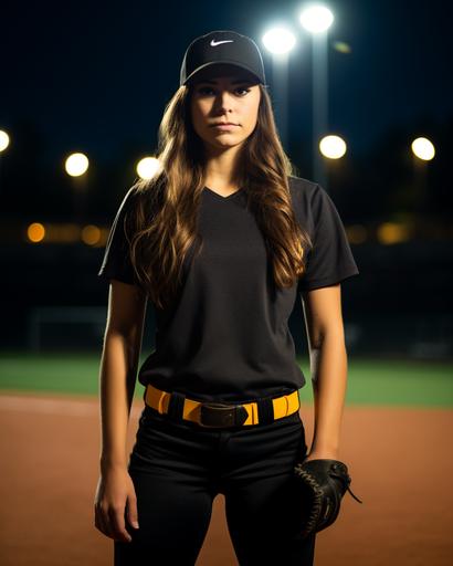 a full body image of a college softball player standing on an old fashioned softball field at night. stadium lights are on. beautiful night. heavy bokeh --ar 4:5