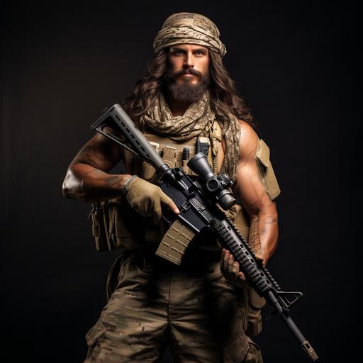 a full body image of muscular jesus the US Navy SEAL with battle helmet and night vision and sniper rifle