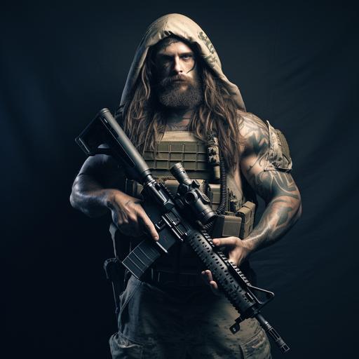 a full body image of muscular jesus the US Navy SEAL with battle helmet and night vision and sniper rifle