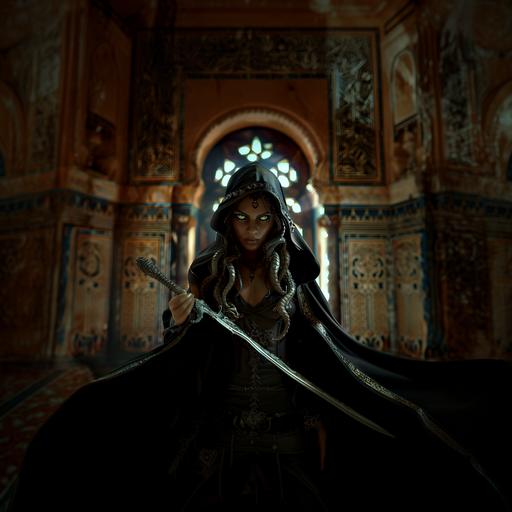 a full body photo of a Medusa with snakes for hair, light brown skin and glowing green eyes. She wears a black medieval gown with a black hooded cloak. She holds a sword posed dramatically ready to fight. The Background is a decorative medieval Arabic mansion. Dramatic lighting. --v 6.0