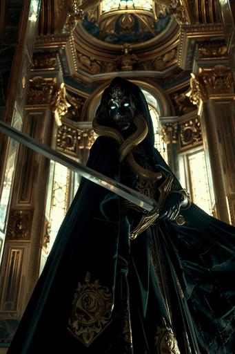 a full body photo of a Medusa with snakes for hair, light brown skin and glowing green eyes. She wears a black medieval gown with a black hooded cloak. She holds a sword posed dramatically ready to fight. The Background is a decorative medieval Arabic mansion. Dramatic lighting. --v 6.0 --ar 2:3