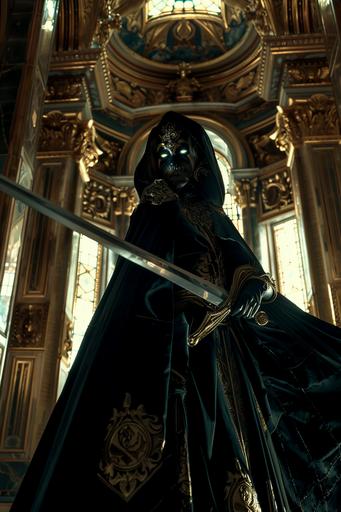 a full body photo of a Medusa with snakes for hair, light brown skin and glowing green eyes. She wears a black medieval gown with a black hooded cloak. She holds a sword posed dramatically ready to fight. The Background is a decorative medieval Arabic mansion. Dramatic lighting. --v 6.0 --ar 2:3
