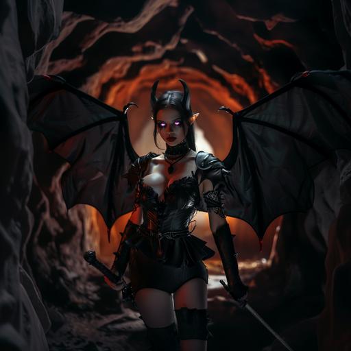 a full body photo of a beautiful elf with violet eyes and black slicked back hair. She has small horns on her head. She poses dramatically with a knowing smirk and a rapier in hand. She wears a black bodice with thigh-high boots and a skirt. Huge black bat wings rise from her back. The background is a dark medieval mine shaft. Dramatic lighting. --v 6.0