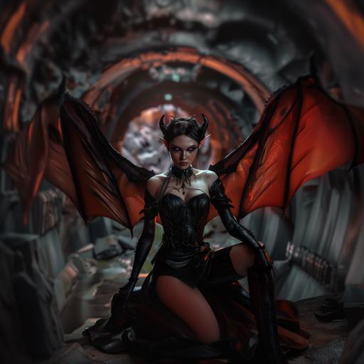 a full body photo of a beautiful elf with violet eyes and black slicked back hair. She has small horns on her head. She poses dramatically with a knowing smirk and a rapier in hand. She wears a black bodice with thigh-high boots and a skirt. Huge black bat wings rise from her back. The background is a dark medieval mine shaft. Dramatic lighting. --v 6.0