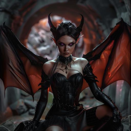 a full body photo of a beautiful elf with violet eyes and black slicked back hair. She has small horns on her head. She poses dramatically with a knowing smirk and a rapier in hand. She wears a black bodice with thigh-high boots and a skirt. Huge black bat wings rise from her back. The background is a dark medieval mine shaft. Dramatic lighting. --v 6.0