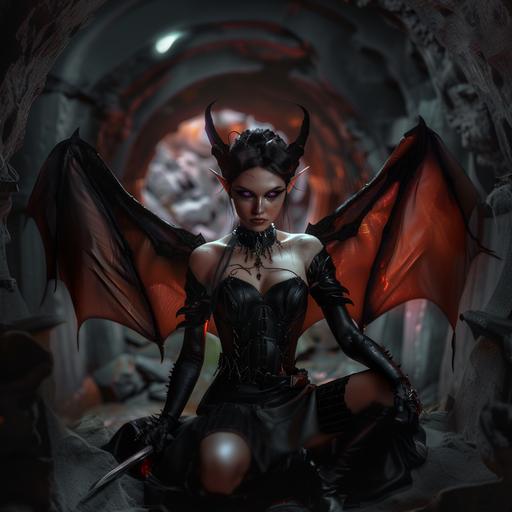 a full body photo of a beautiful elf with violet eyes and black slicked back hair. She has small horns on her head. She poses dramatically with a knowing smirk and a rapier in hand. She wears a black bodice with thigh-high boots and a skirt. Huge black bat wings rise from her back. The background is a dark medieval mine shaft. Dramatic lighting. --v 6.0