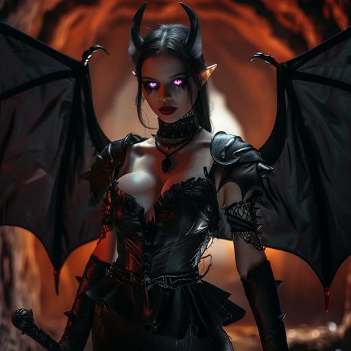 a full body photo of a beautiful elf with violet eyes and black slicked back hair. She has small horns on her head. She poses dramatically with a knowing smirk and a rapier in hand. She wears a black bodice with thigh-high boots and a skirt. Huge black bat wings rise from her back. The background is a dark medieval mine shaft. Dramatic lighting. --v 6.0