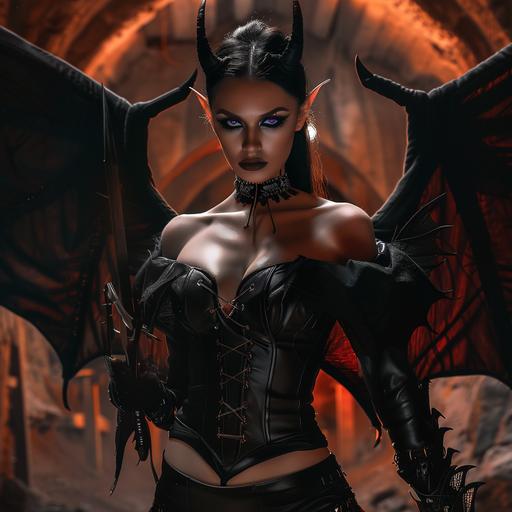 a full body photo of a beautiful elf with violet eyes and black slicked back hair. She has small horns on her head. She poses dramatically with a knowing smirk and a rapier in hand. She wears a black bodice with thigh-high boots and a skirt. Huge black bat wings rise from her back. The background is a dark medieval mine shaft. Dramatic lighting. --v 6.0